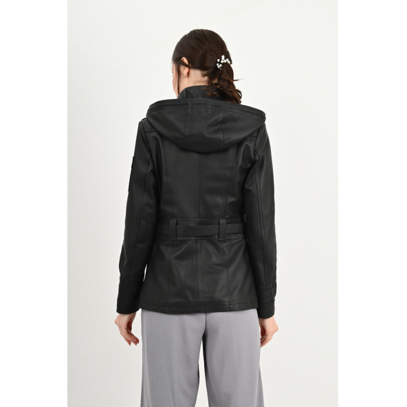 Sansa Kapüşonlu Siyah Hakiki Deri Ceket Kadın - 6