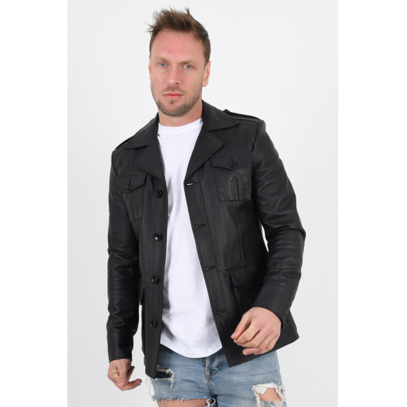 Harrison Siyah Safari Hakiki Deri Ceket Erkek - 2