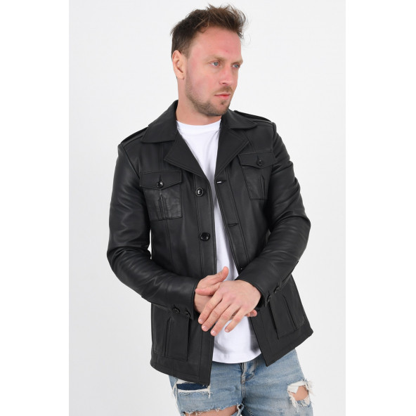 Harrison Siyah Safari Hakiki Deri Ceket Erkek