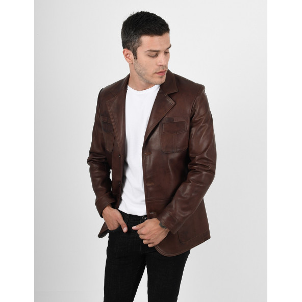 Martell Wax Kahve Fit Blazer Hakiki Deri Ceket Erkek - 2