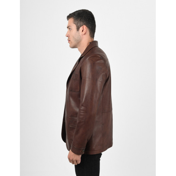 Martell Wax Kahve Fit Blazer Hakiki Deri Ceket Erkek - 5
