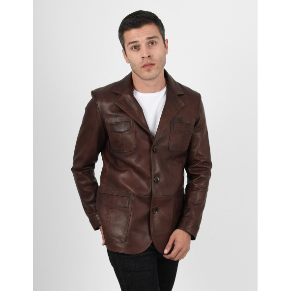 Martell Wax Kahve Fit Blazer Hakiki Deri Ceket Erkek - 6