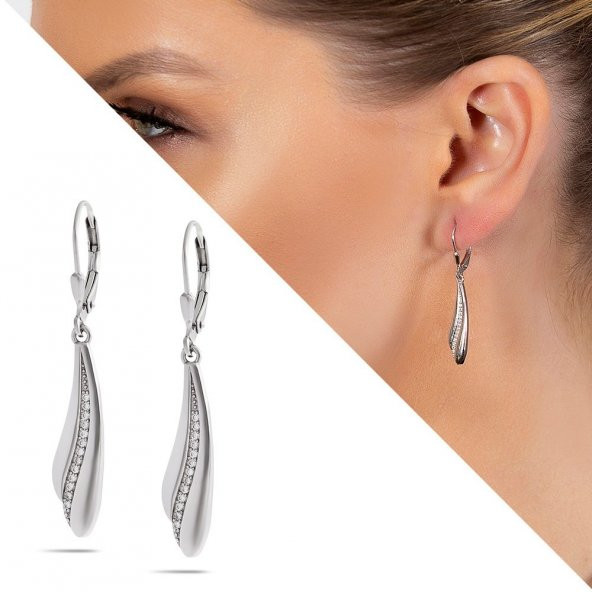 Nipora Zirkon Taşlı Üç Sıralı Yaprak Tasarım 925 Ayar Gümüş Kadın Küpe - 2