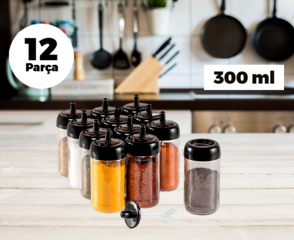 SAS 12 Adet Kapağı Kendinden Kaşıklı Baharatlık Seti Cam Kavanoz 300 Ml Siyah