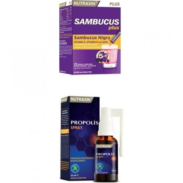 Nutraxin Sambucus(Kara Mürver),C,D Vitamini Ve Çinko Takviyesi 20 Efervesan + Propolis Boğaz Spreyi 30 Ml