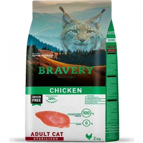 Bravery Tahılsız Tavuklu Kısırlaştırılmış Kuru Kedi Maması 2 Kg