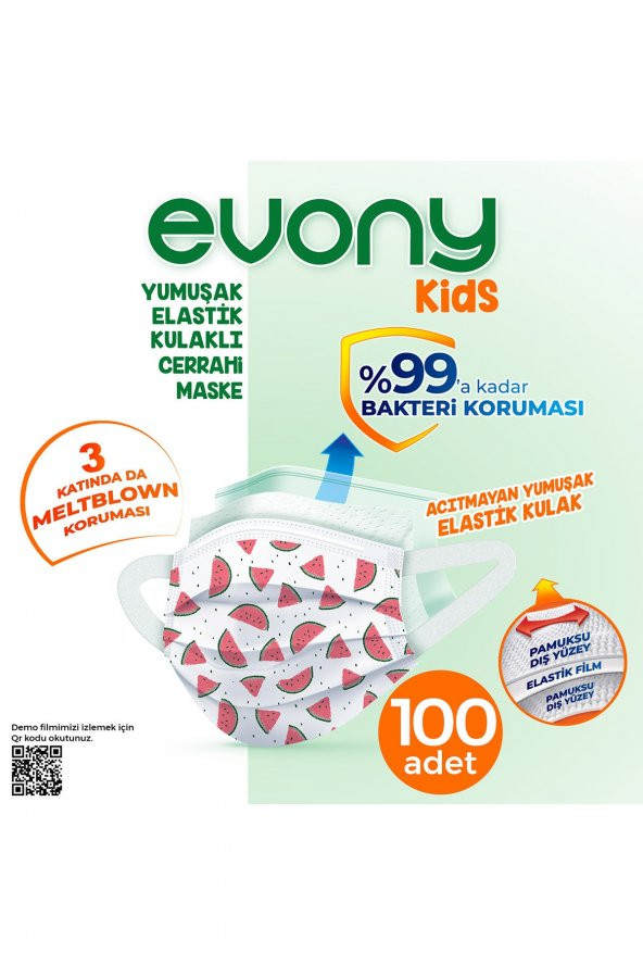 Elastik Kulaklı Çocuk Evony Kids Maske 100 Adet