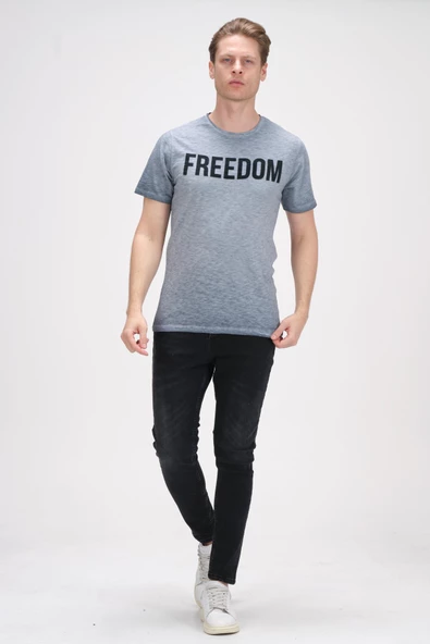 Erkek Bisiklet Yaka Yıkamalı Önü Baskılı Pamuklu Kısa Kollu T-Shirt - 7