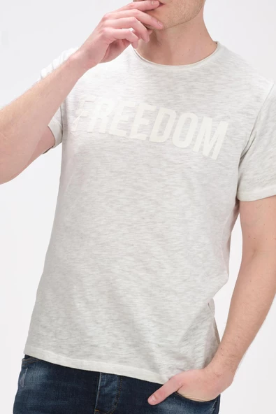 Erkek Bisiklet Yaka Yıkamalı Önü Baskılı Pamuklu Kısa Kollu T-Shirt - 12