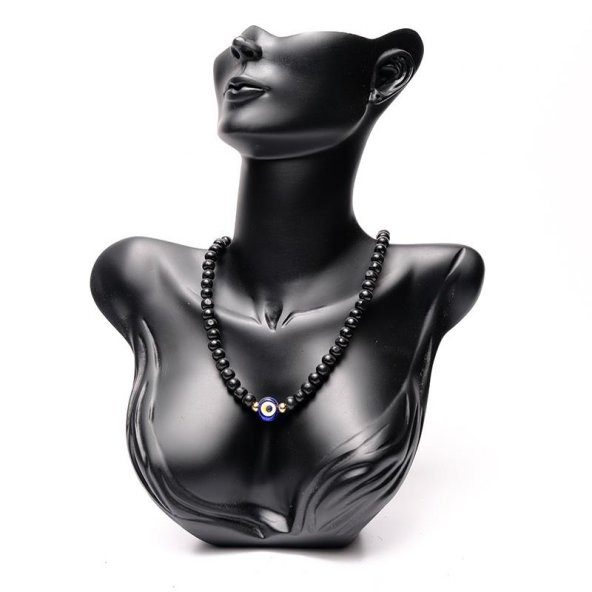 Kadın, Siyah Renk, Ahşap Nazar Boncuklu Kolye (45 cm)