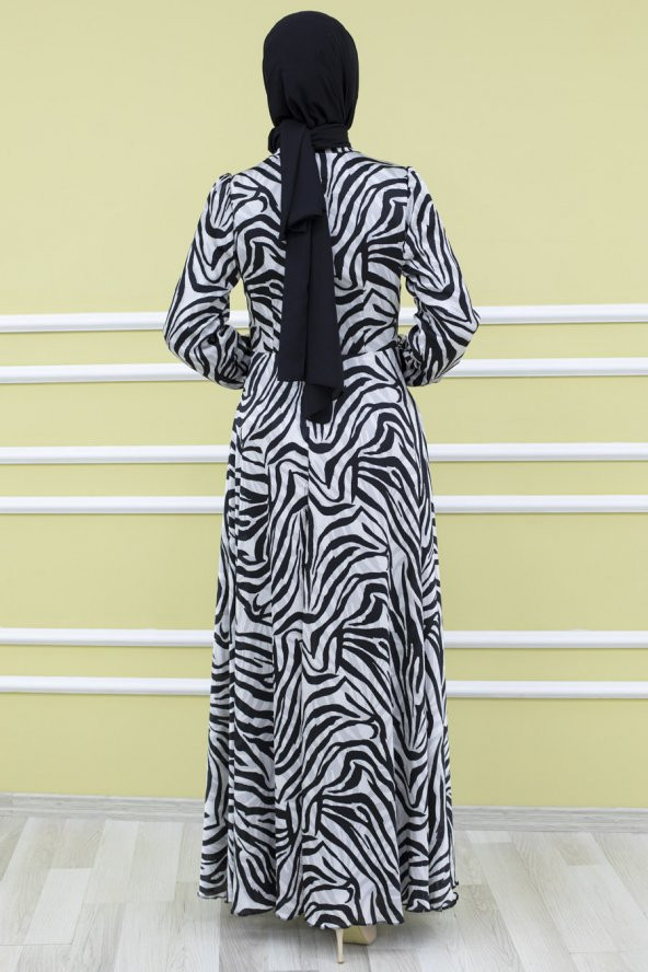 Zebra Desenli Tesettür Elbise - 3