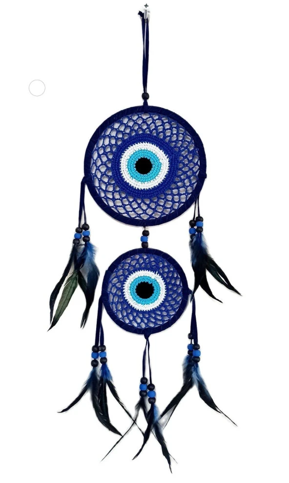 Lacivert Nazar Boncuk Desenli Düş Kapanı Kuş Tüylü Ahşap Boncuklu Dream Catcher Duvar Süsü