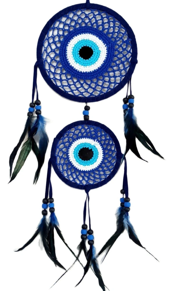 Lacivert Nazar Boncuk Desenli Düş Kapanı Kuş Tüylü Ahşap Boncuklu Dream Catcher Duvar Süsü - Resim 2