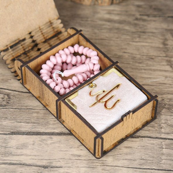 Mini Ahşap Kutuda Mini Kuran-ı Kerim & Pembe Kristal Tesbih (13x7cm) 10 Adet - 3