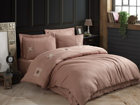 Elegant Nakışlı Pamuk Saten Çift Kişilik Nevresim Takımı Zeugma Sütlü Kahve