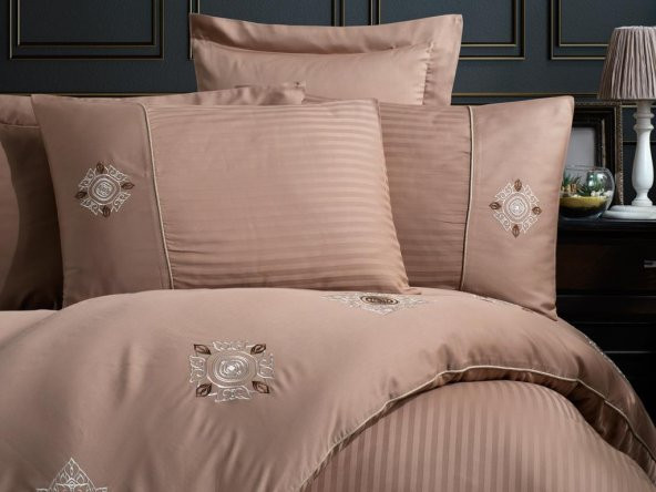 Elegant Nakışlı Pamuk Saten Çift Kişilik Nevresim Takımı Zeugma Sütlü Kahve - 4