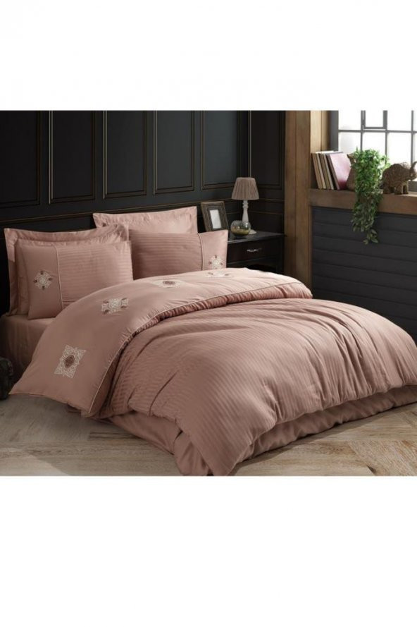 Elegant Nakışlı Pamuk Saten Çift Kişilik Nevresim Takımı Zeugma Sütlü Kahve - 5