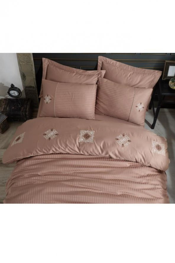 Elegant Nakışlı Pamuk Saten Çift Kişilik Nevresim Takımı Zeugma Sütlü Kahve - 7