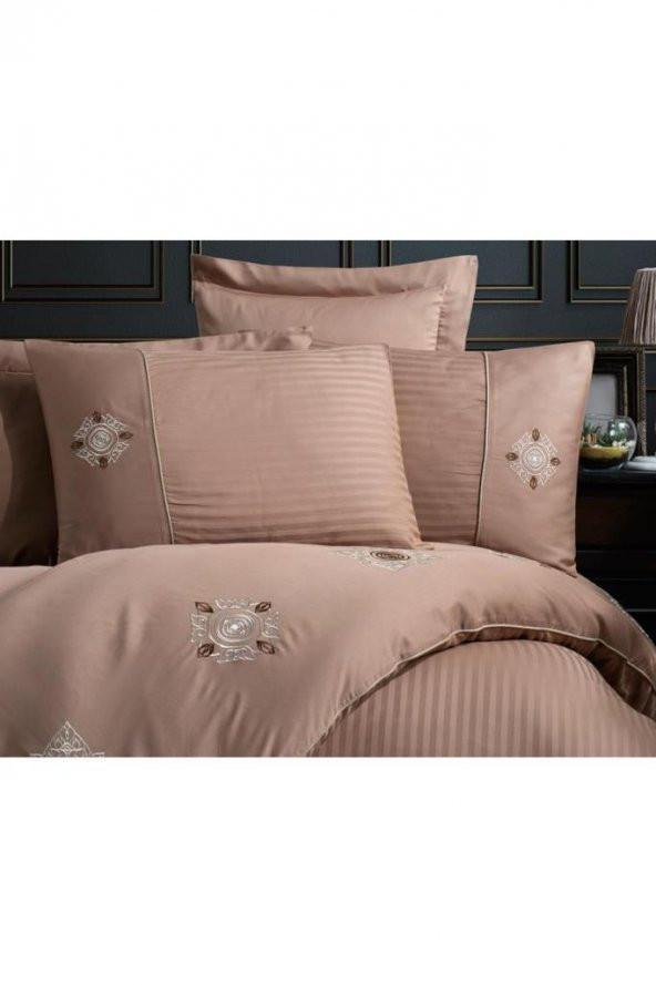 Elegant Nakışlı Pamuk Saten Çift Kişilik Nevresim Takımı Zeugma Sütlü Kahve - 8