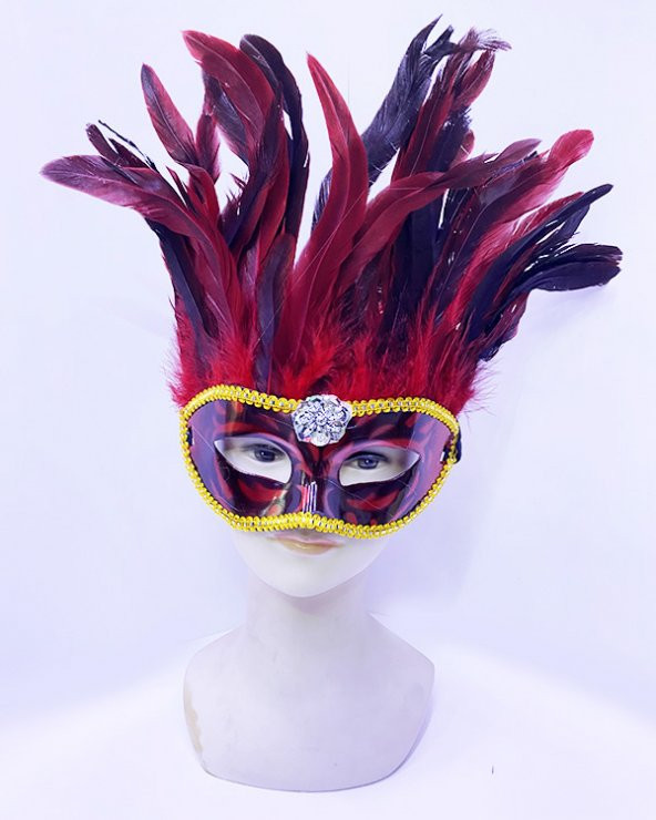 River World Kırmızı Renk Ekstra Bol Kuş Tüylü Venedik Maskesi 30x19 cm