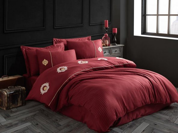 Elegant Nakışlı Pamuk Saten Çift Kişilik Nevresim Takımı Olimpos Bordo
