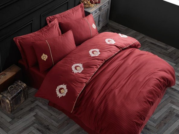 Elegant Nakışlı Pamuk Saten Çift Kişilik Nevresim Takımı Olimpos Bordo - 2