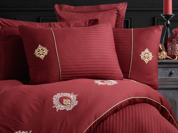 Elegant Nakışlı Pamuk Saten Çift Kişilik Nevresim Takımı Olimpos Bordo - 4