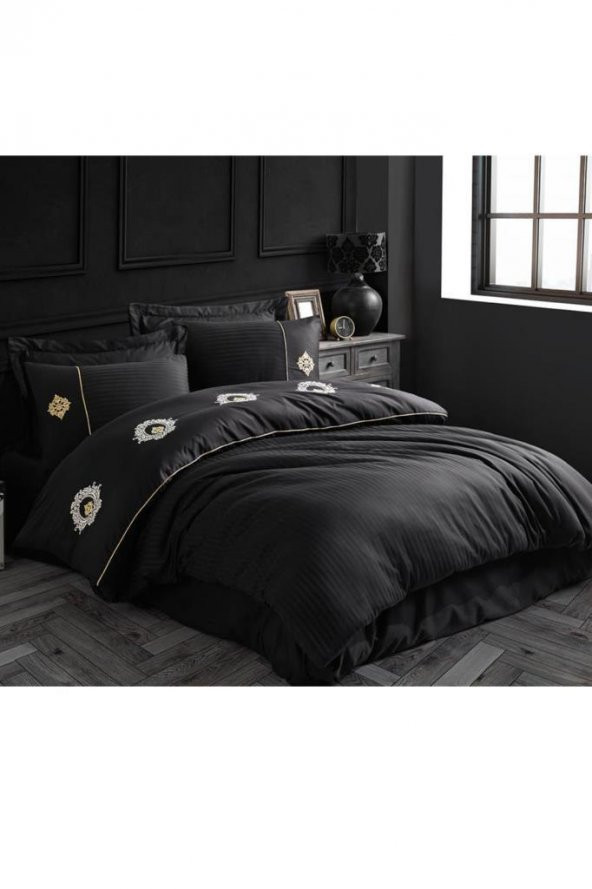 Elegant Nakışlı Pamuk Saten Çift Kişilik Nevresim Takımı Olimpos Siyah - Resim 5