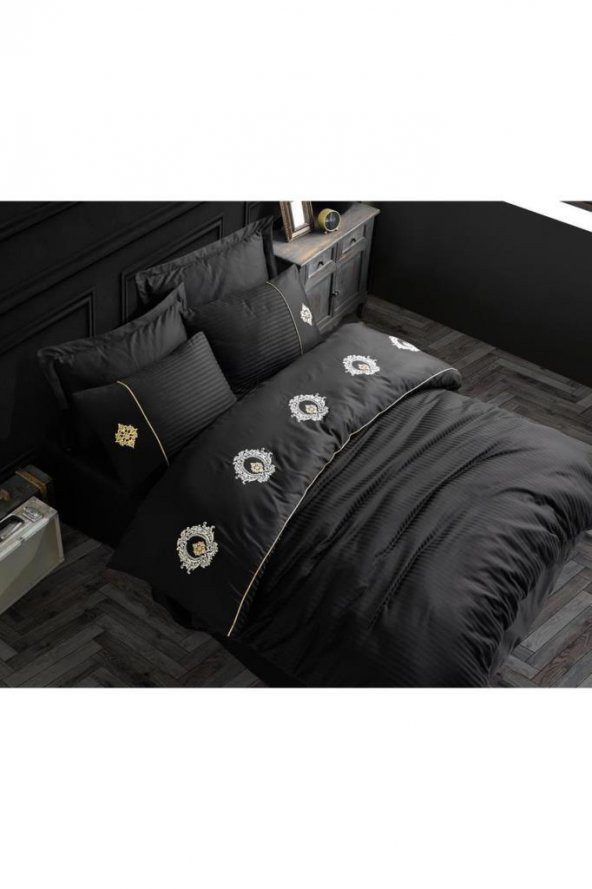 Elegant Nakışlı Pamuk Saten Çift Kişilik Nevresim Takımı Olimpos Siyah - Resim 6