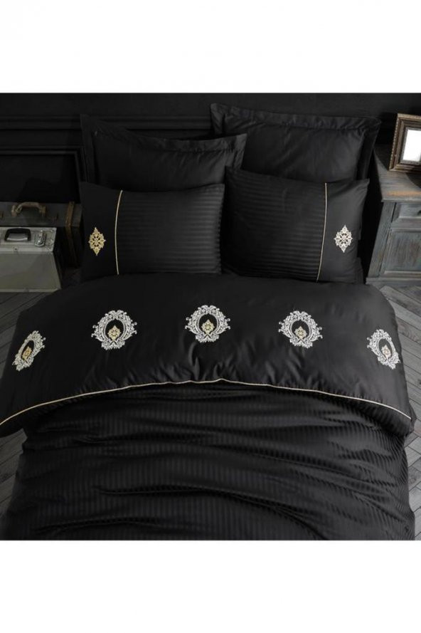 Elegant Nakışlı Pamuk Saten Çift Kişilik Nevresim Takımı Olimpos Siyah - Resim 7