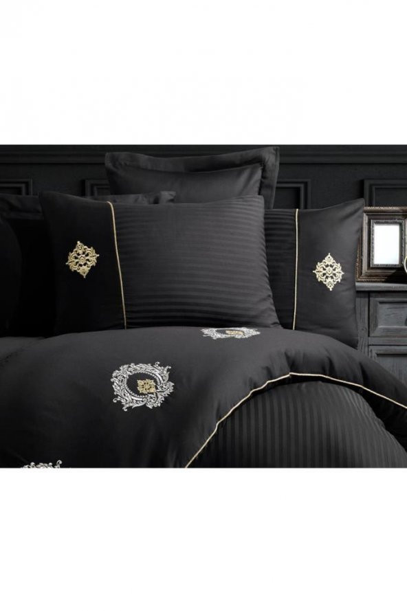 Elegant Nakışlı Pamuk Saten Çift Kişilik Nevresim Takımı Olimpos Siyah - Resim 8