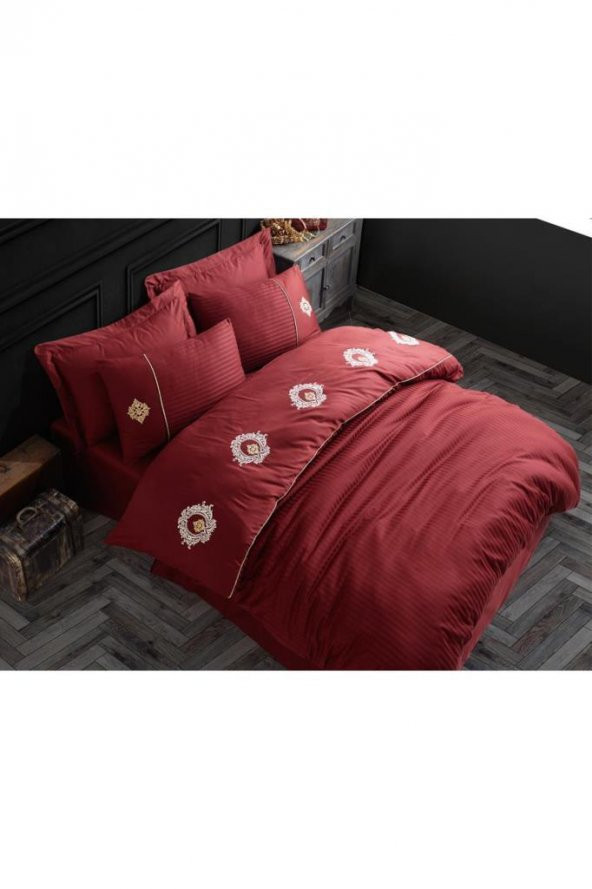 Elegant Nakışlı Pamuk Saten Çift Kişilik Nevresim Takımı Olimpos Bordo - 6