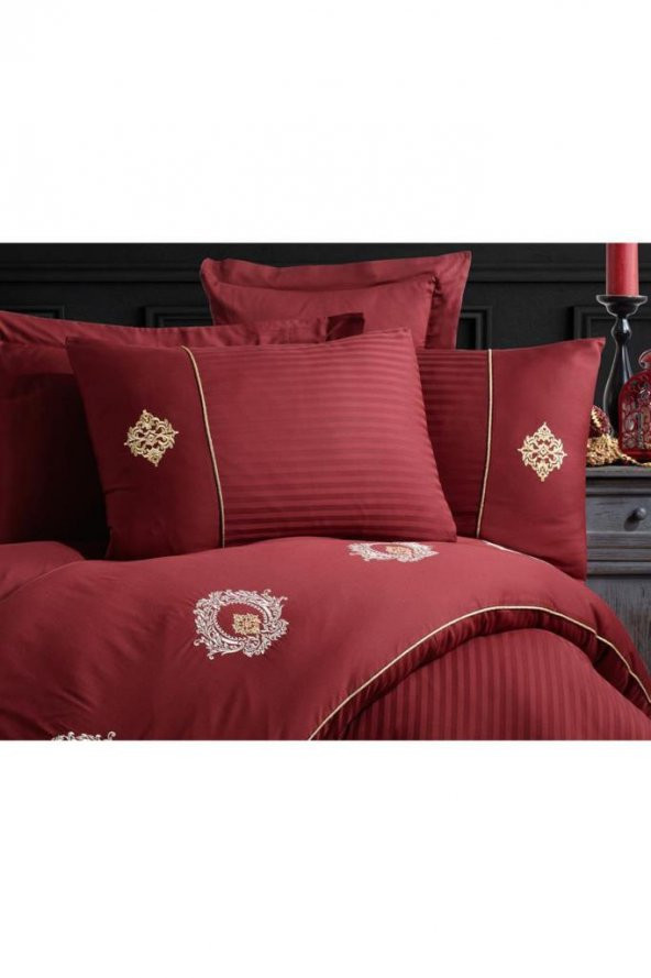 Elegant Nakışlı Pamuk Saten Çift Kişilik Nevresim Takımı Olimpos Bordo - 8
