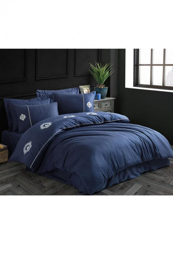 Elegant Nakışlı Pamuk Saten Çift Kişilik Nevresim Takımı Olimpos Lacivert - Resim 5