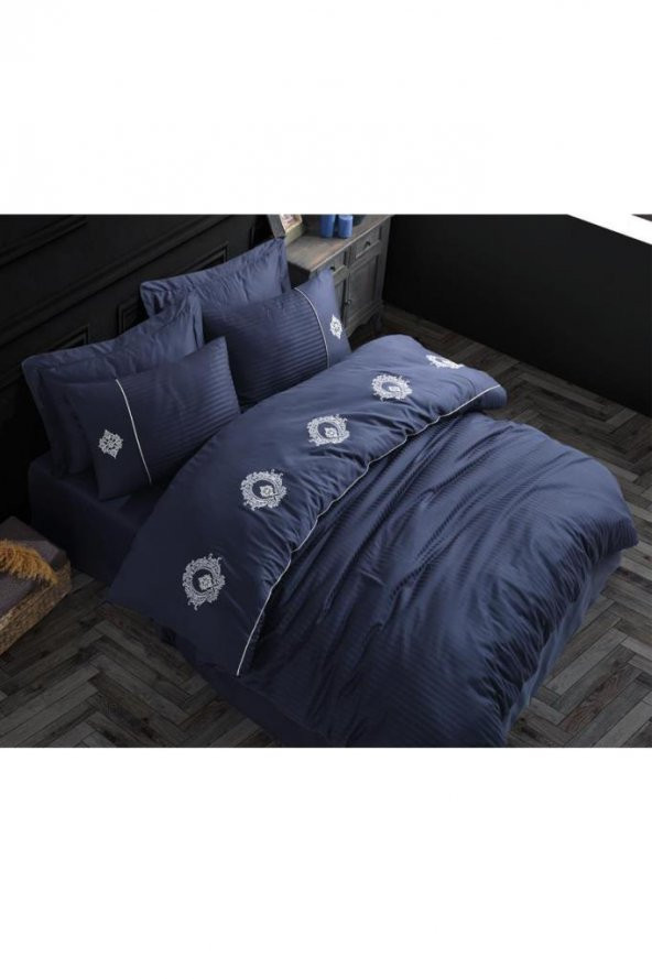 Elegant Nakışlı Pamuk Saten Çift Kişilik Nevresim Takımı Olimpos Lacivert - Resim 6