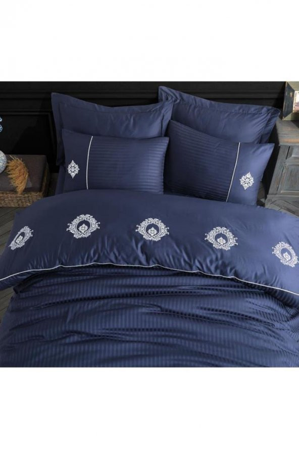 Elegant Nakışlı Pamuk Saten Çift Kişilik Nevresim Takımı Olimpos Lacivert - Resim 7
