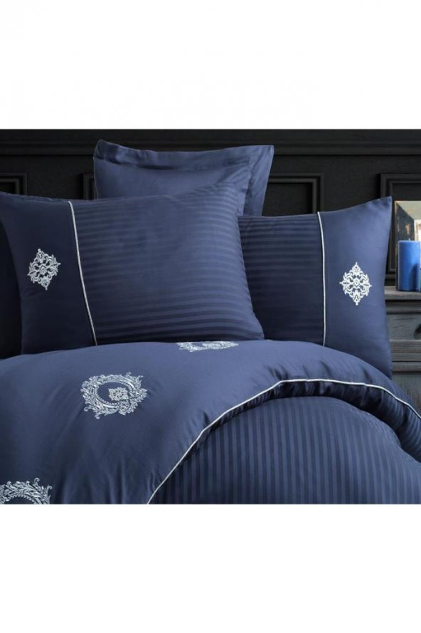 Elegant Nakışlı Pamuk Saten Çift Kişilik Nevresim Takımı Olimpos Lacivert - Resim 8