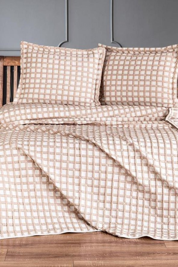 Çeyiz Diyarı Çift Kişilik Ekose Çift Taraflı Yatak Örtüsü Takımı Bej - Resim 3