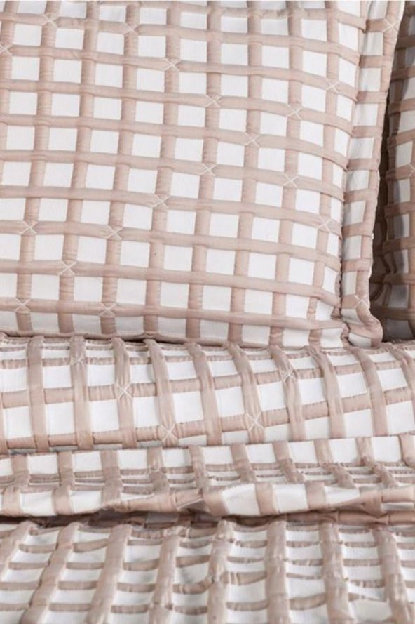 Çeyiz Diyarı Çift Kişilik Ekose Çift Taraflı Yatak Örtüsü Takımı Bej - Resim 4