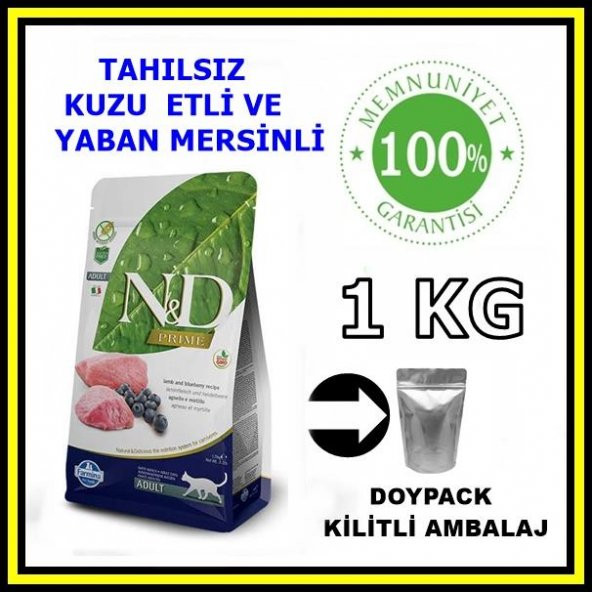 N&D Tahılsız Kuzu Etli ve Yaban Mersinli Yetişkin Kedi Açık Mama 1 KG