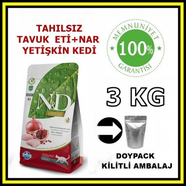 N&D Tahılsız Tavuklu ve Narlı Yetişkin Kedi Açık Mama 3 KG