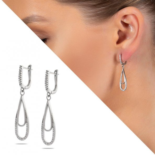 Nipora Zirkon Taşlı Elips Tasarım 925 Ayar Gümüş Kadın Küpe - 2