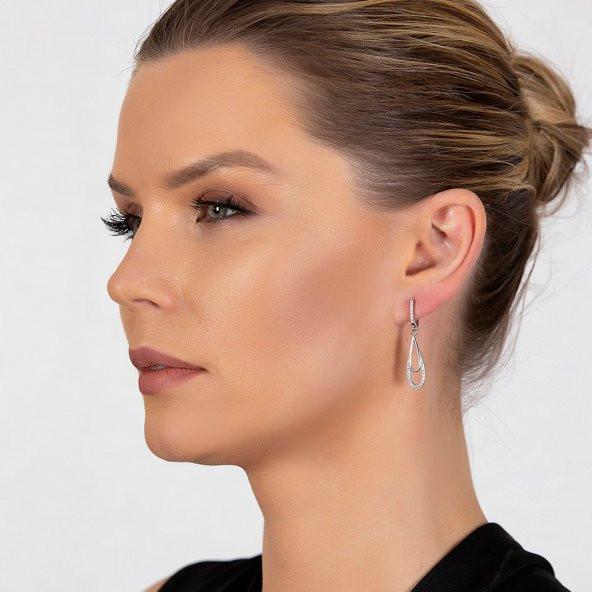 Nipora Zirkon Taşlı Elips Tasarım 925 Ayar Gümüş Kadın Küpe - 4