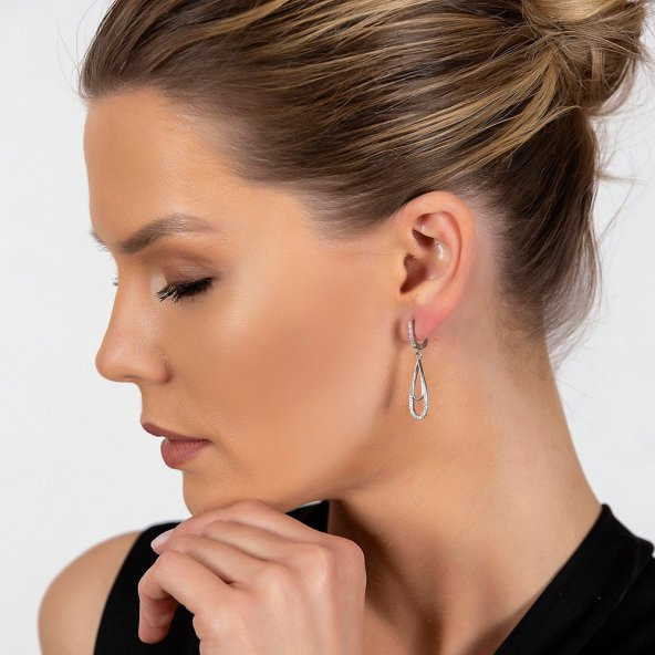 Nipora Zirkon Taşlı Elips Tasarım 925 Ayar Gümüş Kadın Küpe - 5