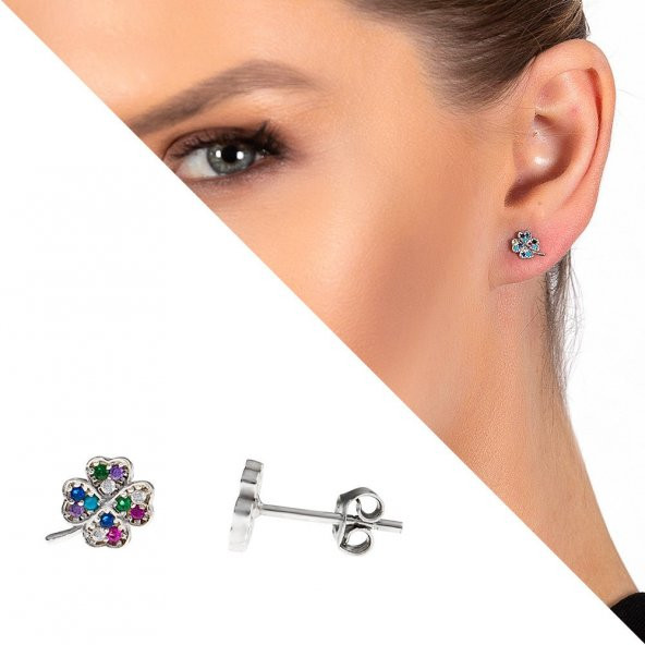 Nipora Multicolor Zirkon Taşlı Yonca Yaprağı Tasarım 925 Ayar Gümüş Kadın Küpe - 2