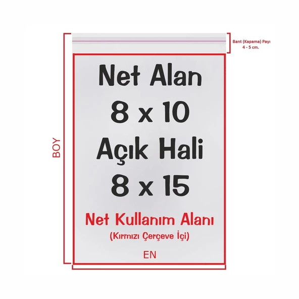 8x10+5 cm. (8x15) 100 Adet - Şeffaf Bantlı Yapışkanlı Jelatin Poşet