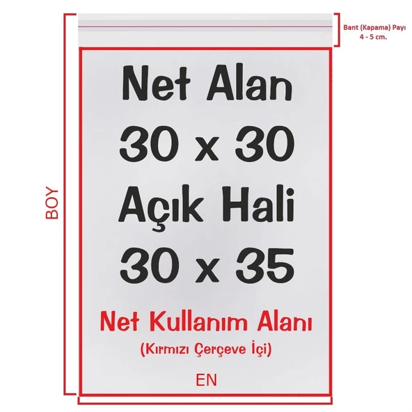 30x30+5 cm. (30x35) 100 Adet - Şeffaf Bantlı Yapışkanlı OPP Jelatin Poşet