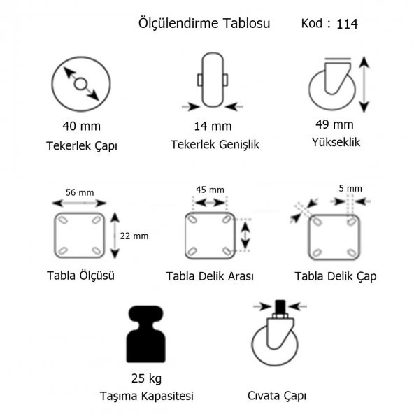 Hts Sabit Tablalı Mobilya Tekeri Tekerlek Çap : 40 mm Kod : 114 - 2