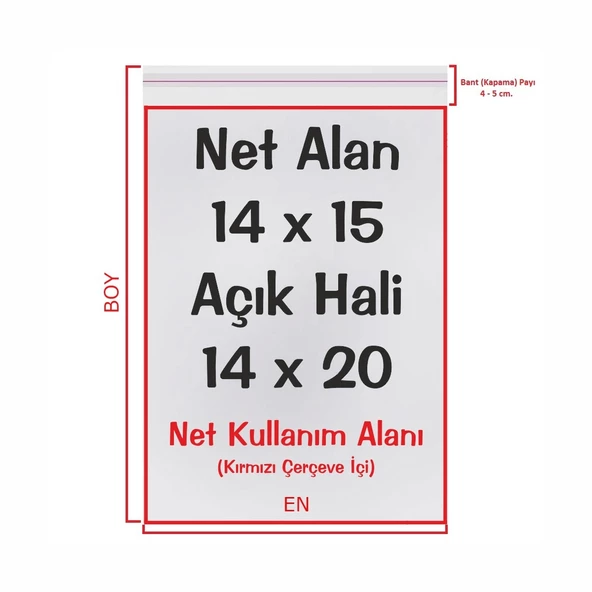 14x15+5 cm. (14x20) 1.000 Adet - Şeffaf Bantlı Yapışkanlı OPP Jelatin Poşet