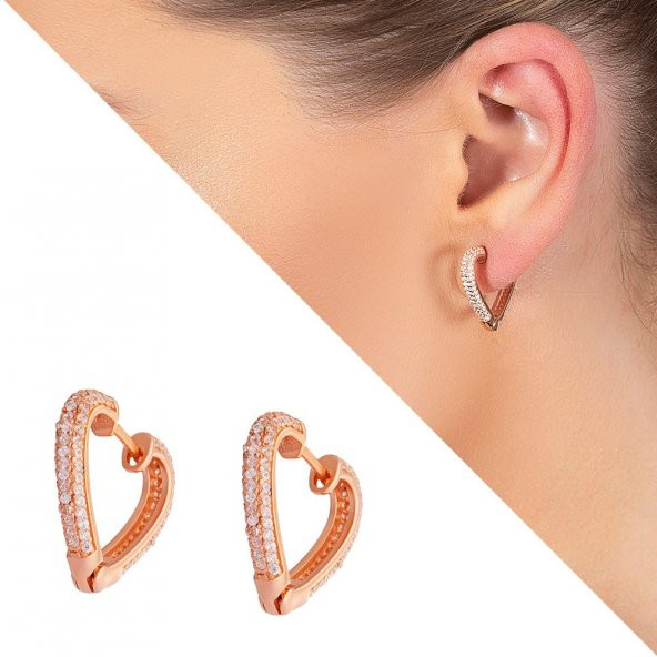 Nipora Starlight Diamond Zirkon Taşlı Kalp Tasarım Rose Renk 925 Ayar Gümüş Küpe - 2